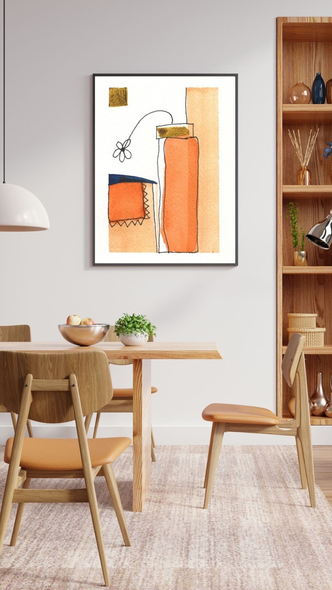 abstract orange painting fine art flower in an orange vase, watercolor vertical fine art wall print