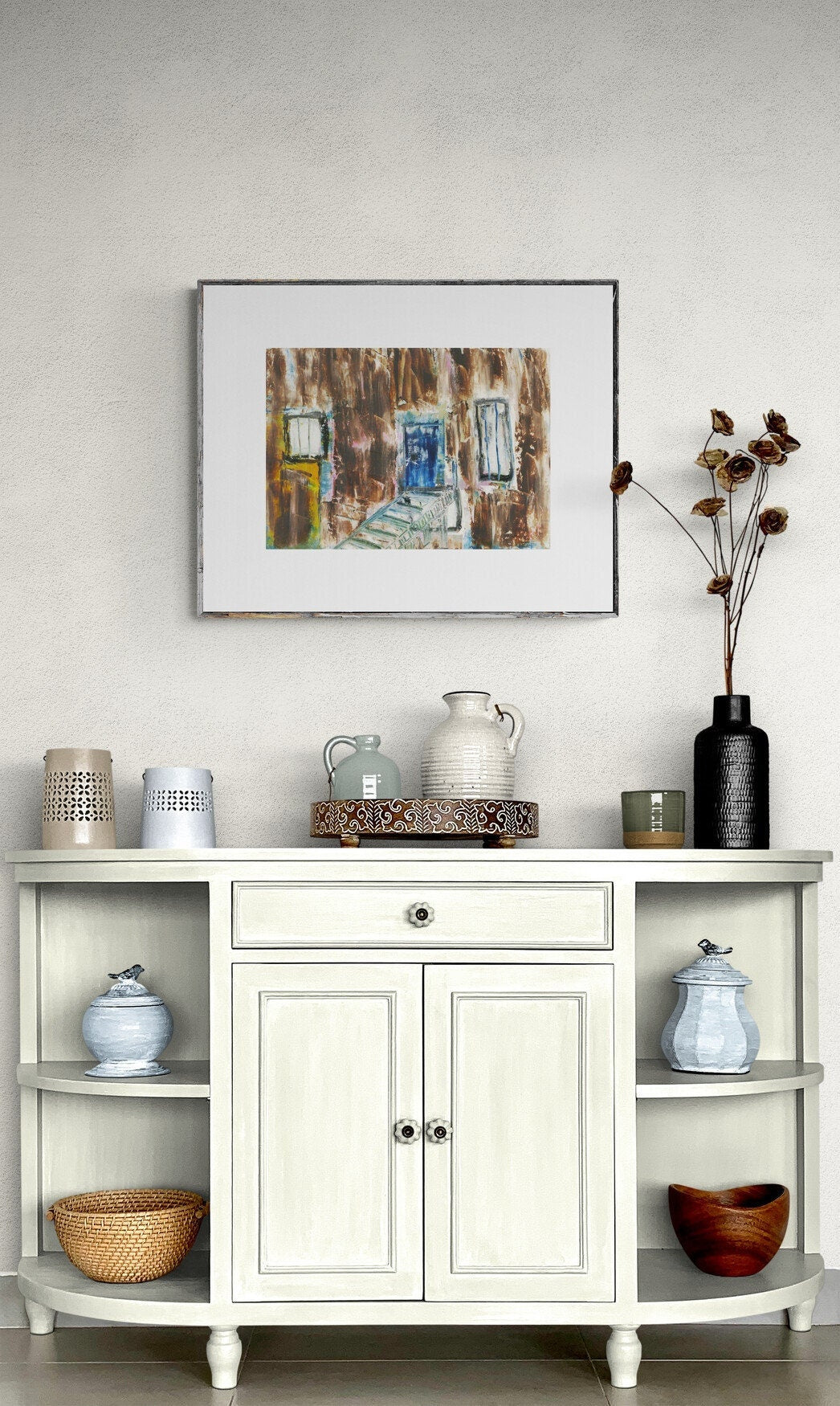 Rustic Western Ghost Town Wall Art from Original Painting, Brown, Blue, Cream, Horizontal Wall Art, No. 3