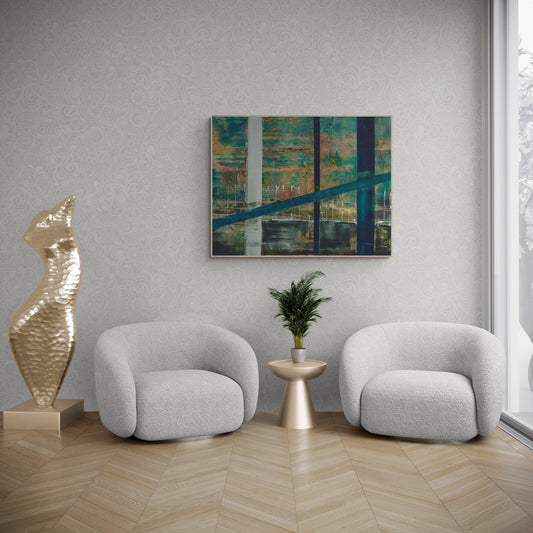 Abstract Urban, Industrial Wall Art, Blue Green Abstract Horizontal Wall Art