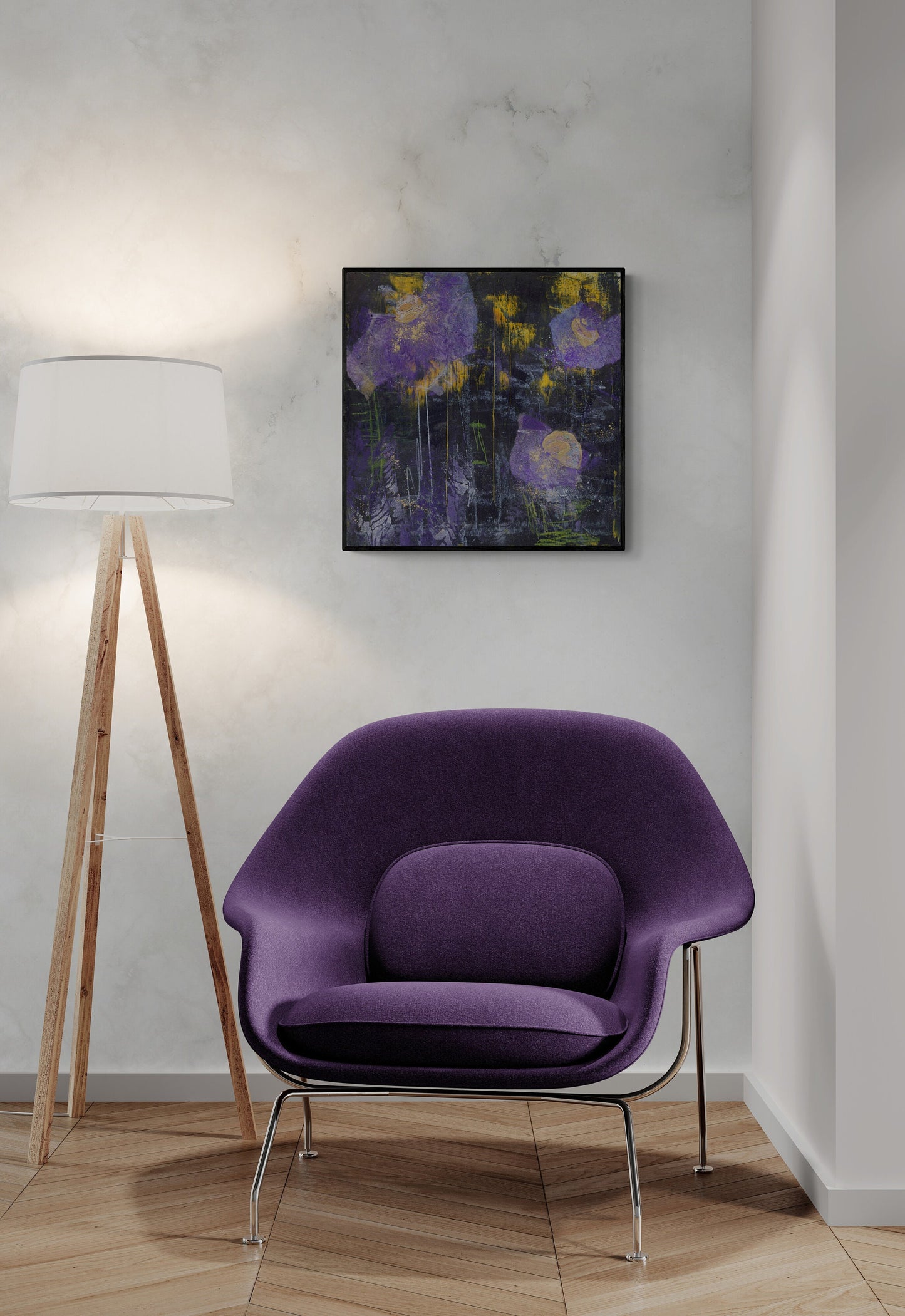 Abstract impressionism floral, flower, spring flowers wall art, square art, fine art print, purple, gold, navy blue