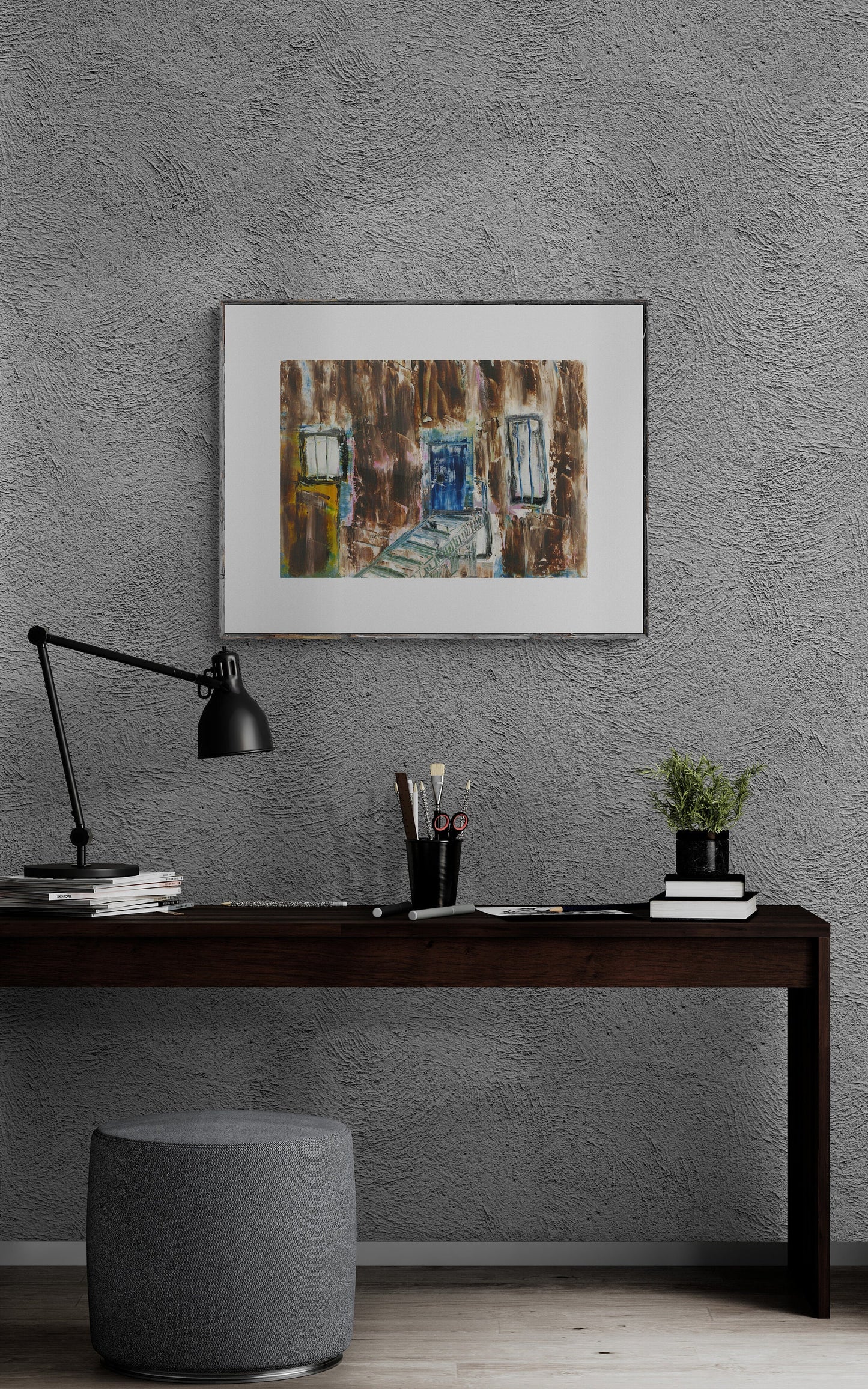 Rustic Western Ghost Town Wall Art from Original Painting, Brown, Blue, Cream, Horizontal Wall Art, No. 3