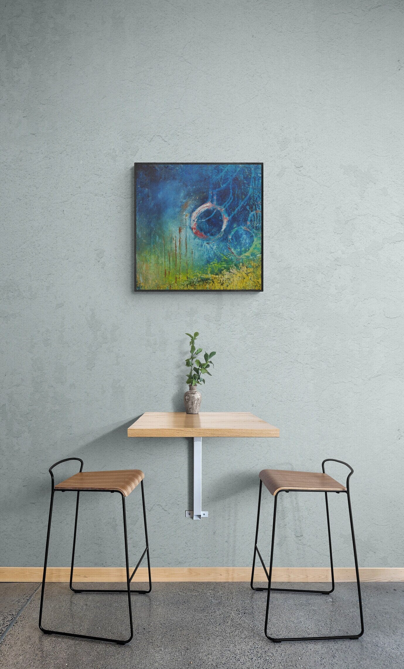 Abstract Blue Green Orbs Wall Art, Fantastical Square Art, Undersea Wall Art, Abstract Marine Art Print