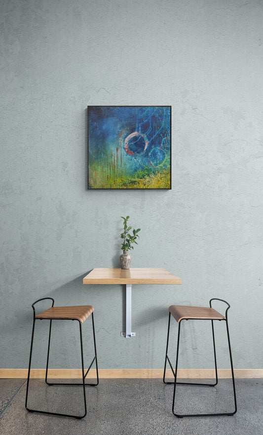 Abstract Blue Green Orbs Wall Art, Fantastical Square Art, Undersea Wall Art, Abstract Marine Art Print