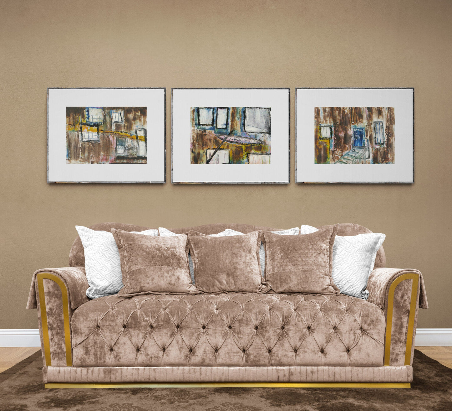 Rustic Western Ghost Town Wall Art from Original Painting, Brown, Blue, Cream, Horizontal Wall Art, No. 3