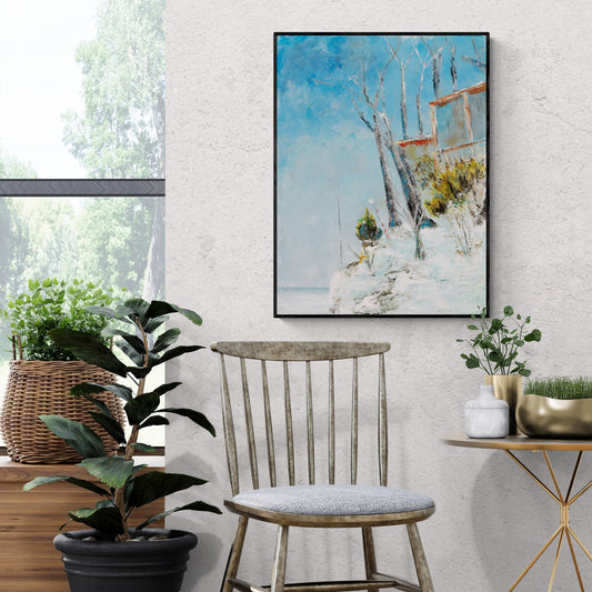 Winter water scene, blues, whites, reds, impressionistic fine art print, lake wall art vertical wall art, cottage art, architectural print