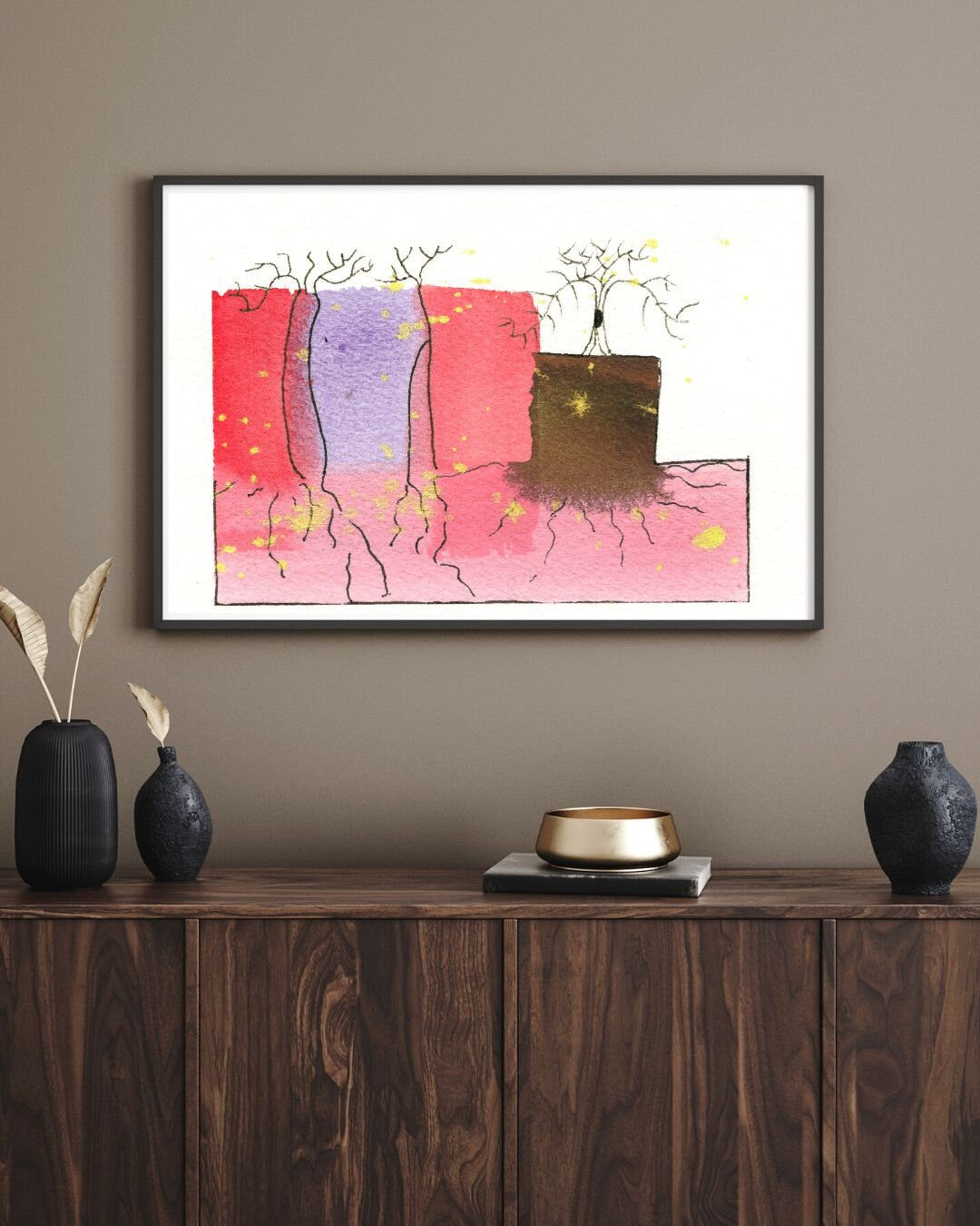 Abstract red tree and roots Deeply Rooted art work wall art, red and brown abstract watercolor fine art horizontal art print