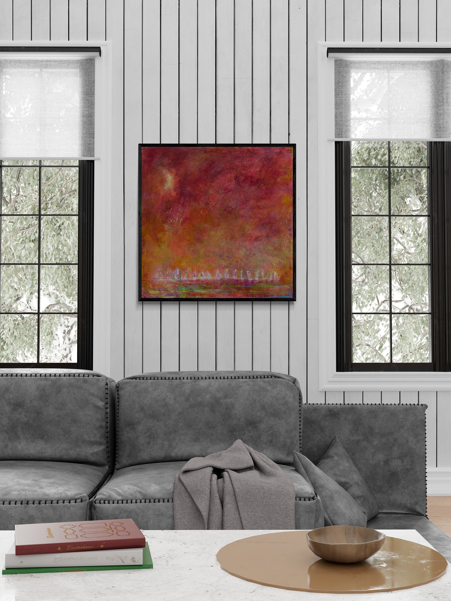 Abstract Sailboat Race Wall Art, Sunset Art, Red, Orange Boats, Abstract Boat Wall Art
