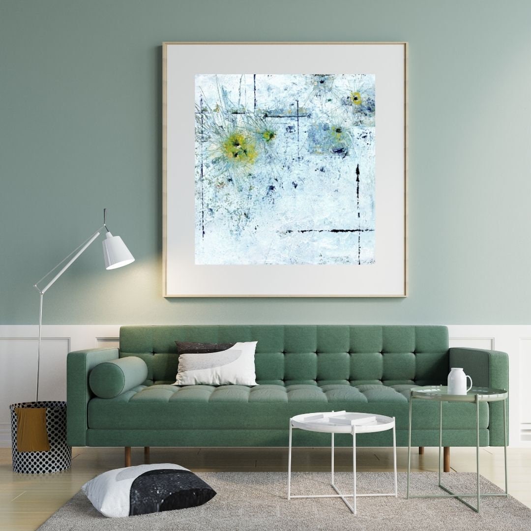 Abstract impressionism floral, flower, spring flowers wall art, square art, fine art print, yellow, blue abstract flowers