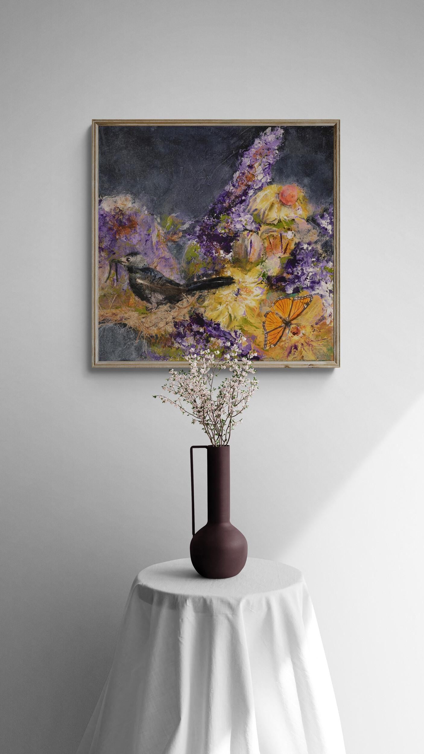 abstract nature art print, bird, butterfly, flowers, square art print from mixed media original painting, deep blue, orange, Catbird Catch