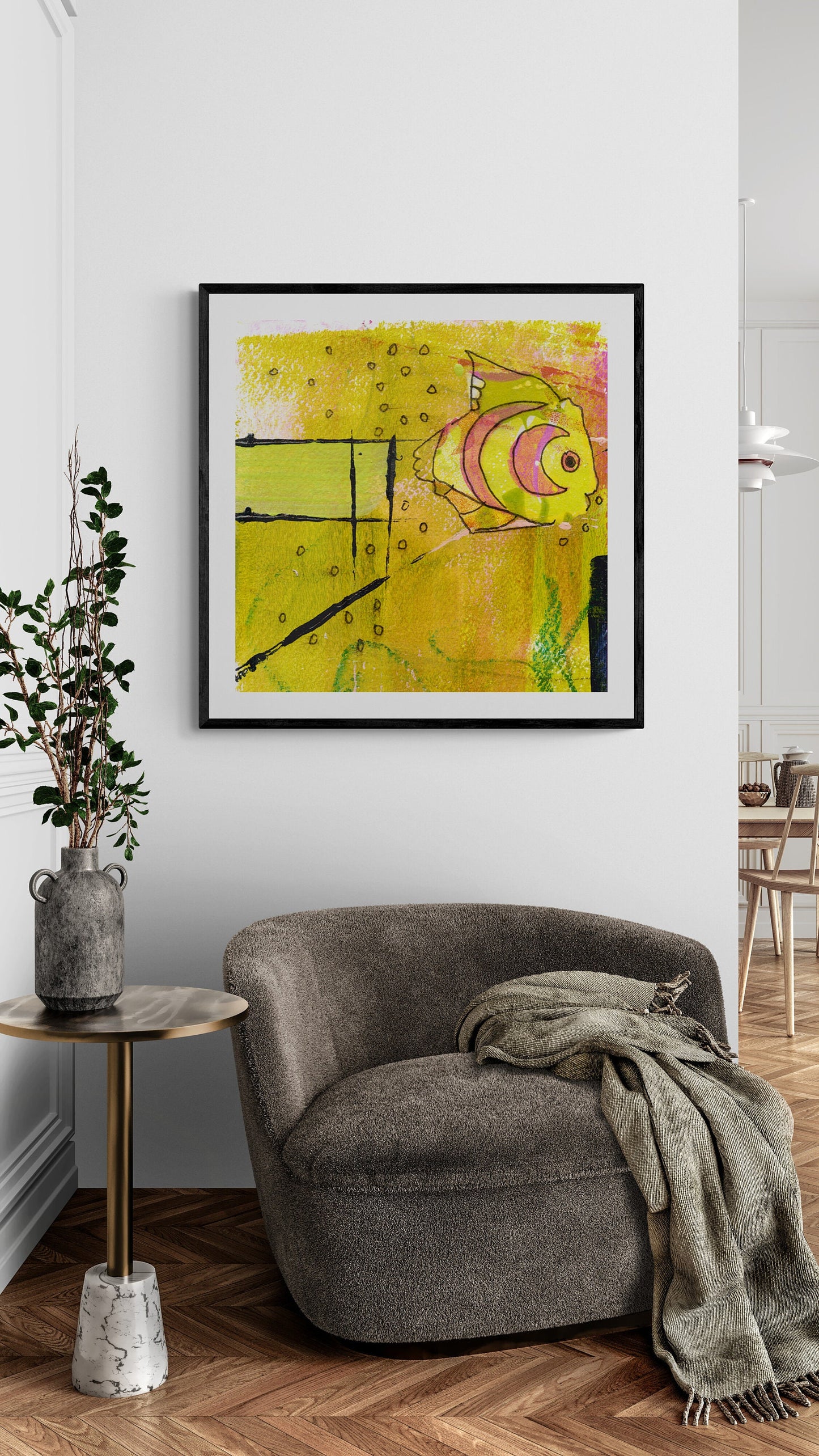 Abstract fish art print, yellow, green, pink, square wall art, kids decor