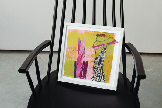 Abstract fashion art print, vintage hat abstract, yellow, green, pink, square wall art, black dots, polka dots, vintage clothing, teen decor