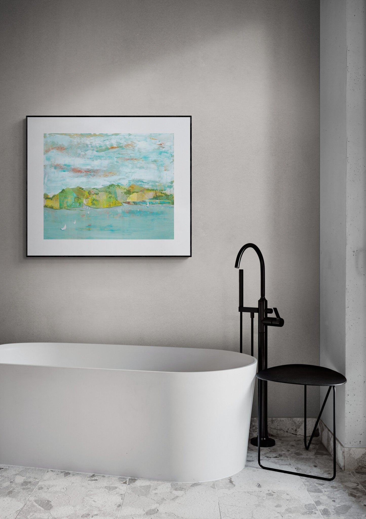 Abstract lake, water wall art, hills, mountains green blue, fine art print