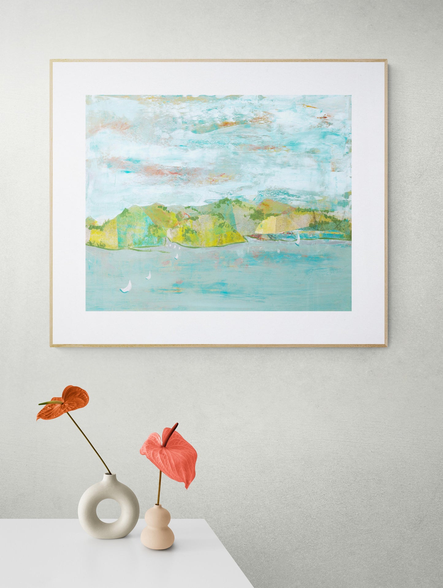 Abstract lake, water wall art, hills, mountains green blue, fine art print