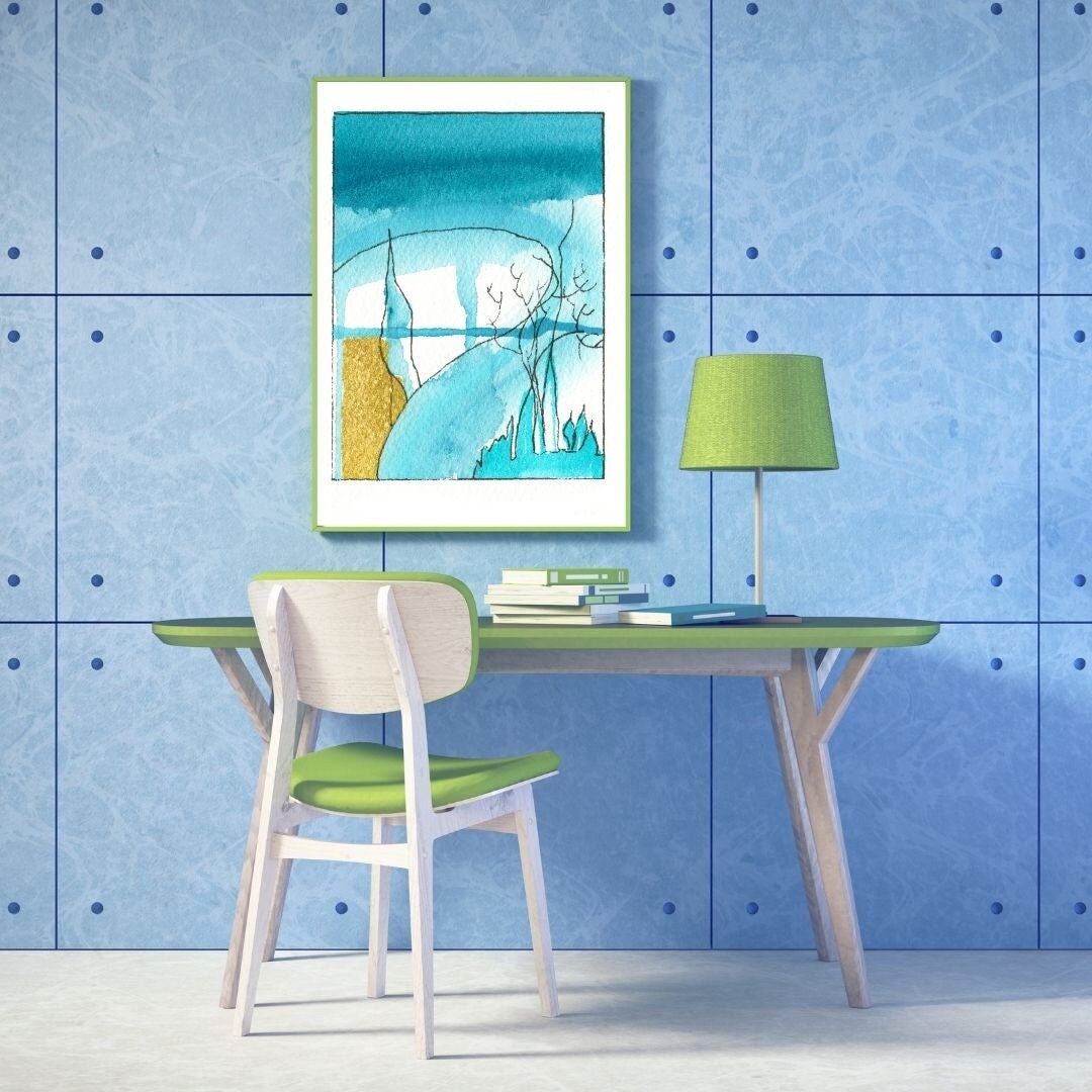 Windswept blue, gold, white abstract fine art print, watercolor and pen fine art print for your wall, vertical wall art