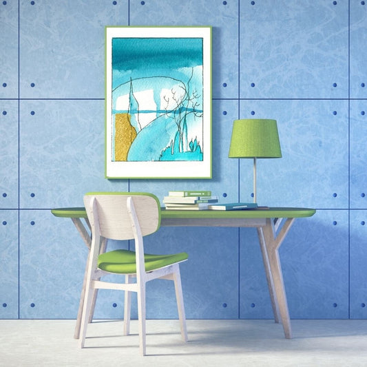Windswept blue, gold, white abstract fine art print, watercolor and pen fine art print for your wall, vertical wall art