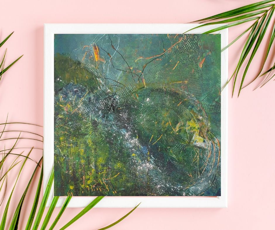 Abstract Blue Green Orbs Wall Art, Fantastical Square Art, Undersea Wall Art, Abstract Marine Art Print