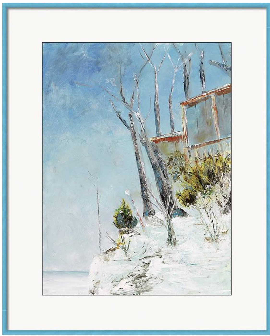 Winter water scene, blues, whites, reds, impressionistic fine art print, lake wall art vertical wall art, cottage art, architectural print