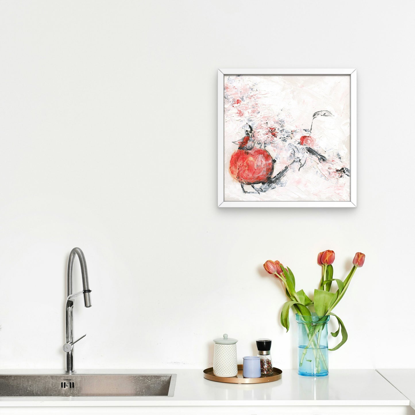 adam's apple, abstract mixed media square wall art print, minimalist red white