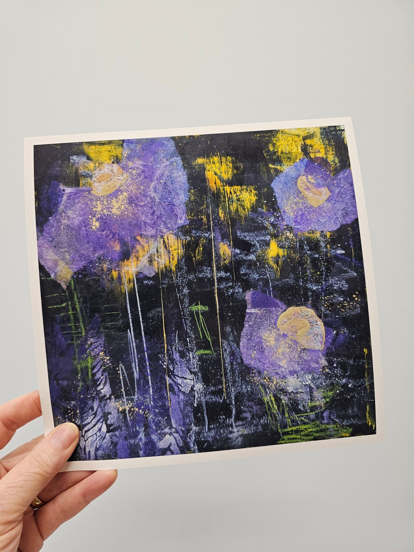 Abstract impressionism floral, flower, spring flowers wall art, square art, fine art print, purple, gold, navy blue