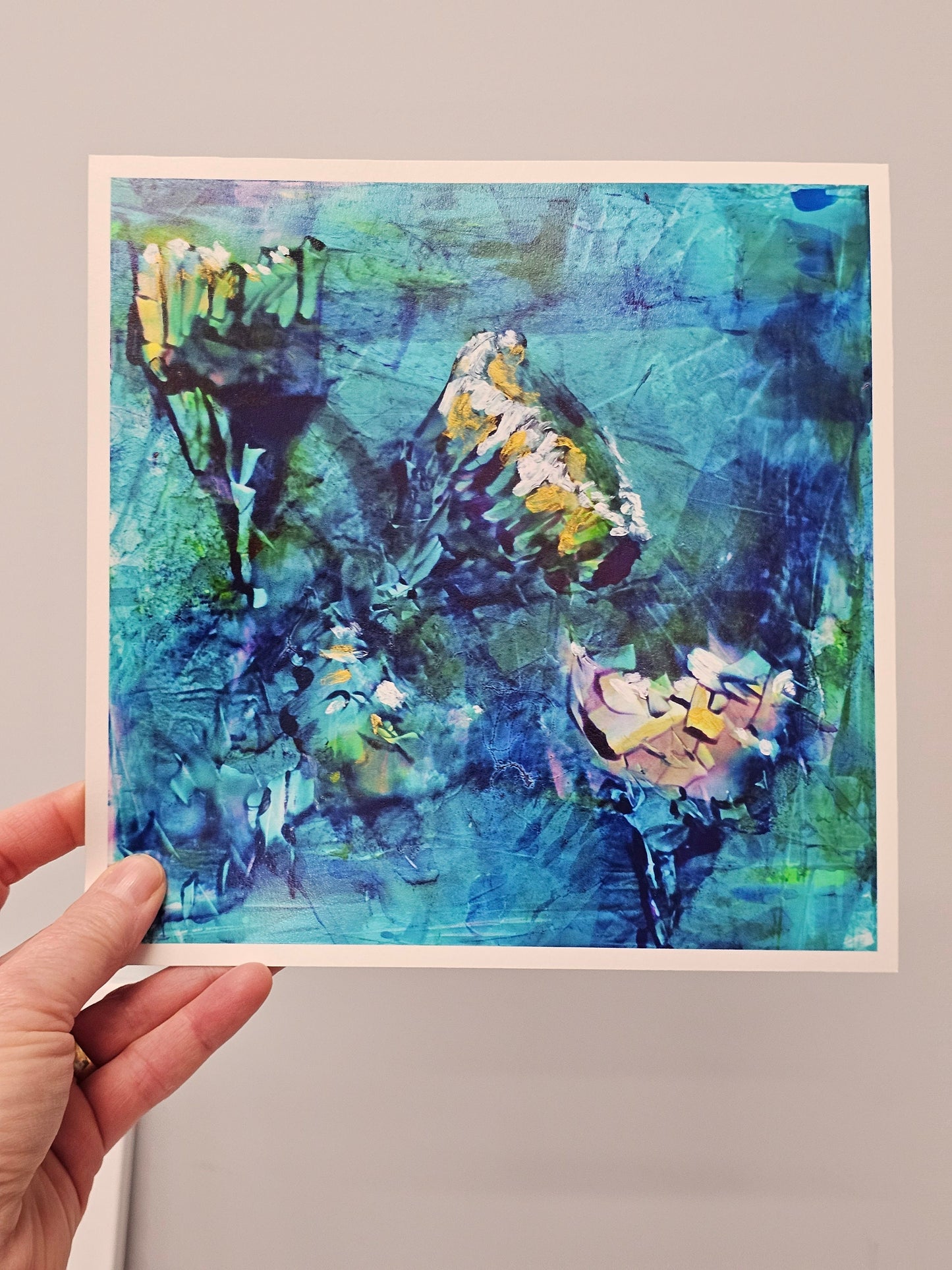 Abstract Blue Floral Wall Art, Blue Yellow Gold Flower Wall Art, Square Art for your Wall Art Print