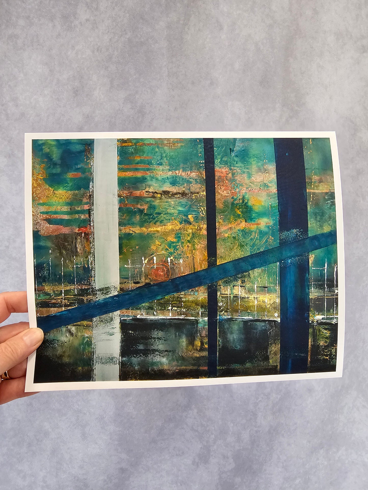 Abstract Urban, Industrial Wall Art, Blue Green Abstract Horizontal Wall Art