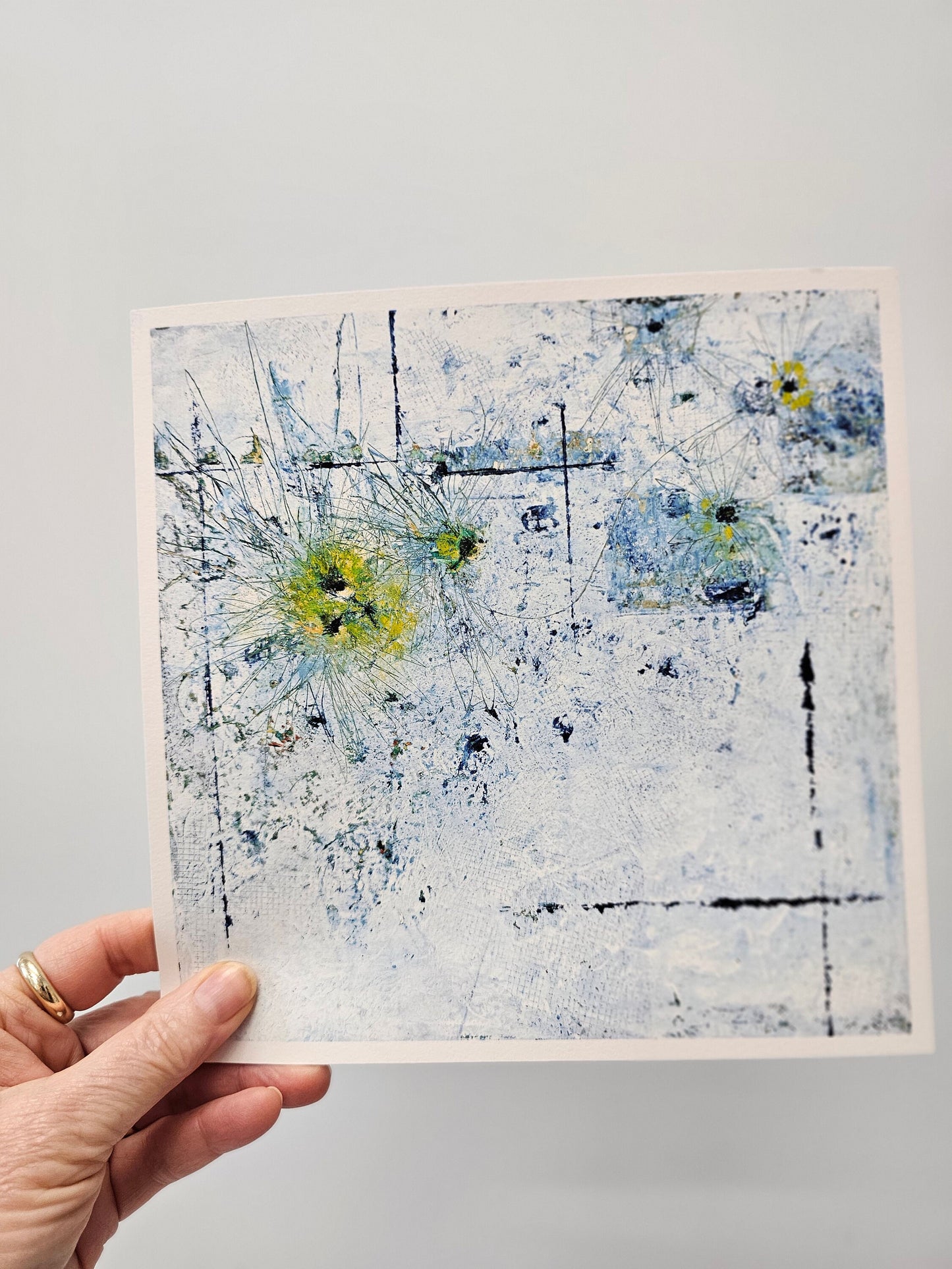 Abstract impressionism floral, flower, spring flowers wall art, square art, fine art print, yellow, blue abstract flowers