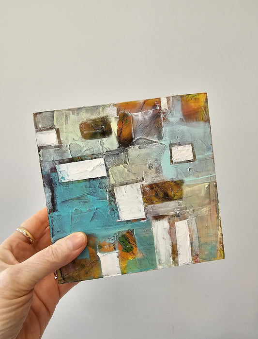 Around the neighborhood original oil and cold wax square geometric abstract painting, blue white wall art