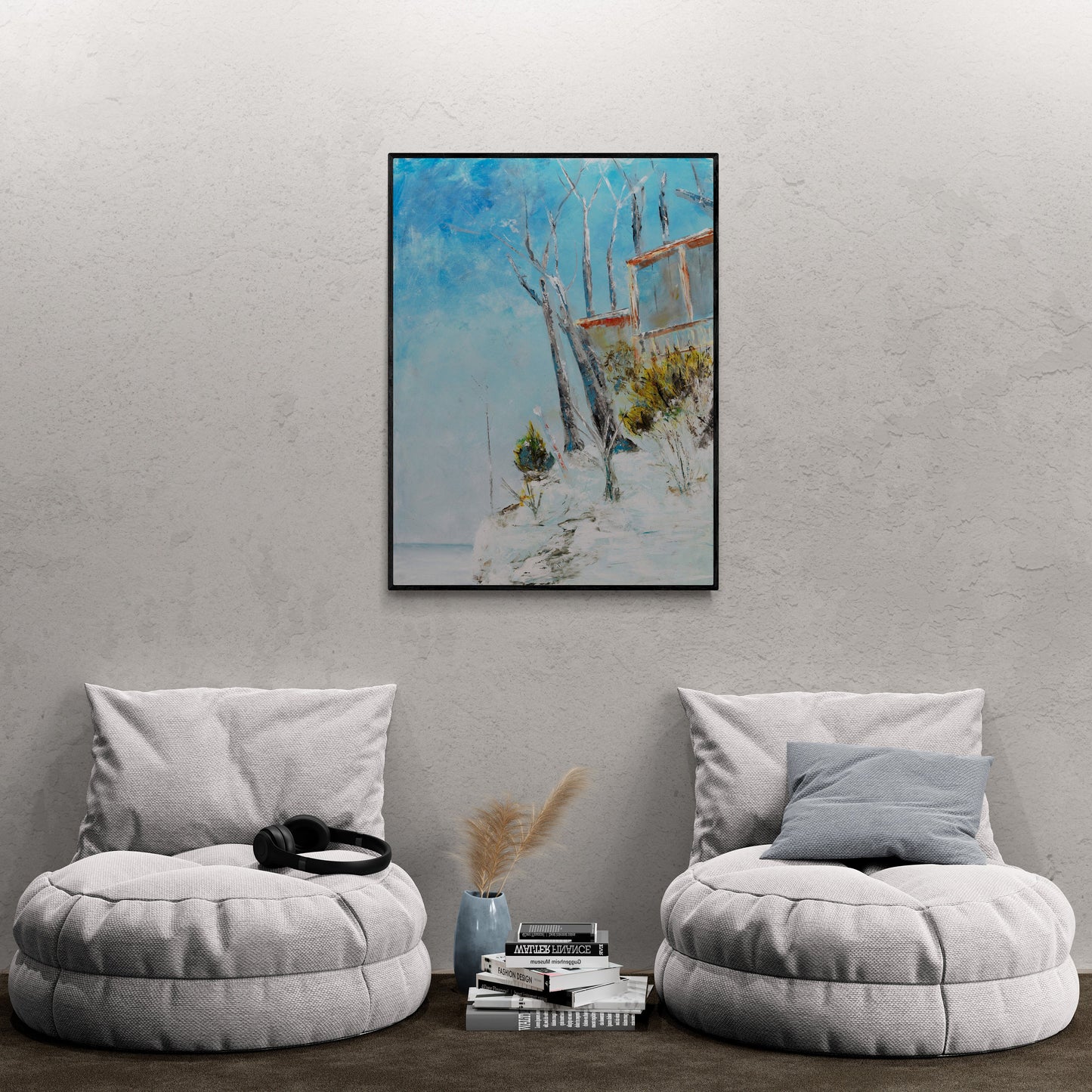 Winter water scene, blues, whites, reds, impressionistic fine art print, lake wall art vertical wall art, cottage art, architectural print