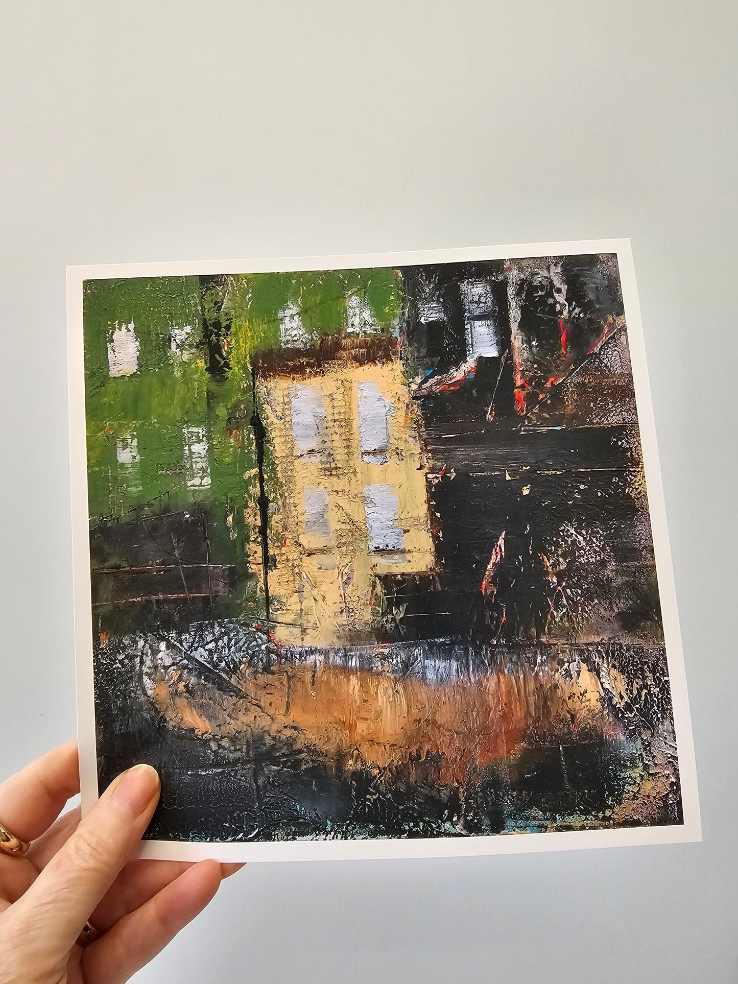 abstract row house, architectural art print, square wall art, green, yellow black art for small spaces