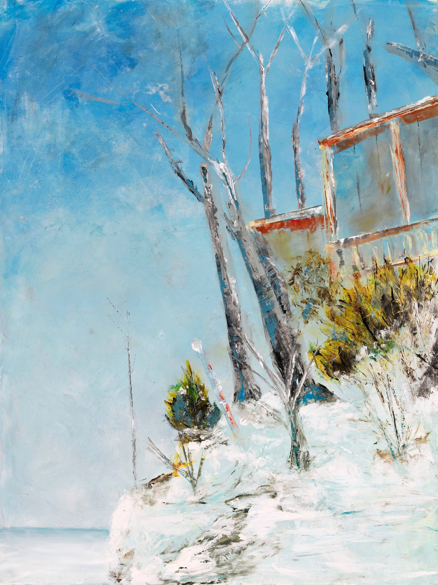 Winter water scene, blues, whites, reds, impressionistic fine art print, lake wall art vertical wall art, cottage art, architectural print