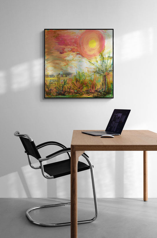 abstract mixed media square wall art print, orange, yellow, Twisted Alabama