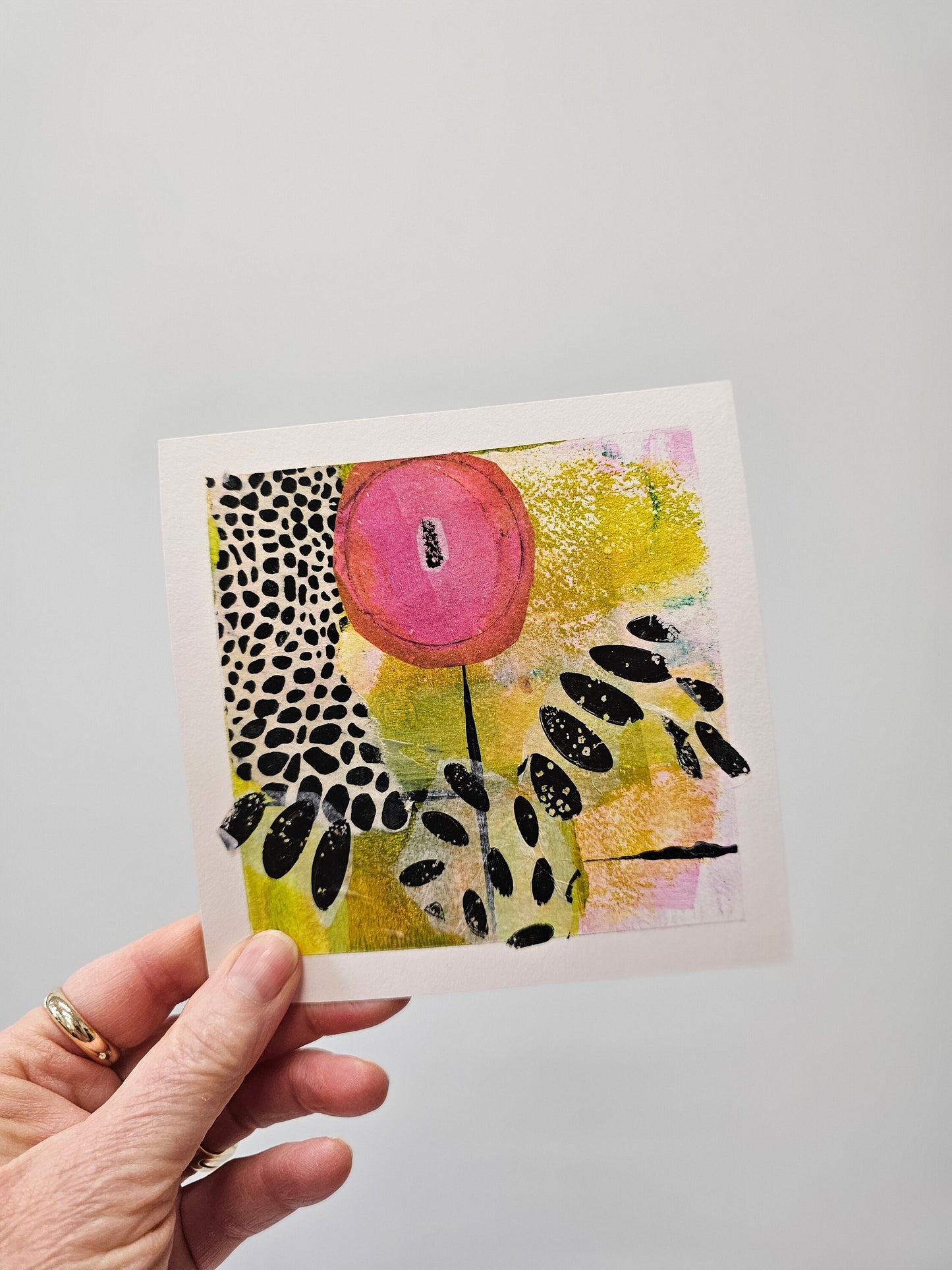 Abstract flower art print, pink camelia floral, square wall art, black dots, polka dots