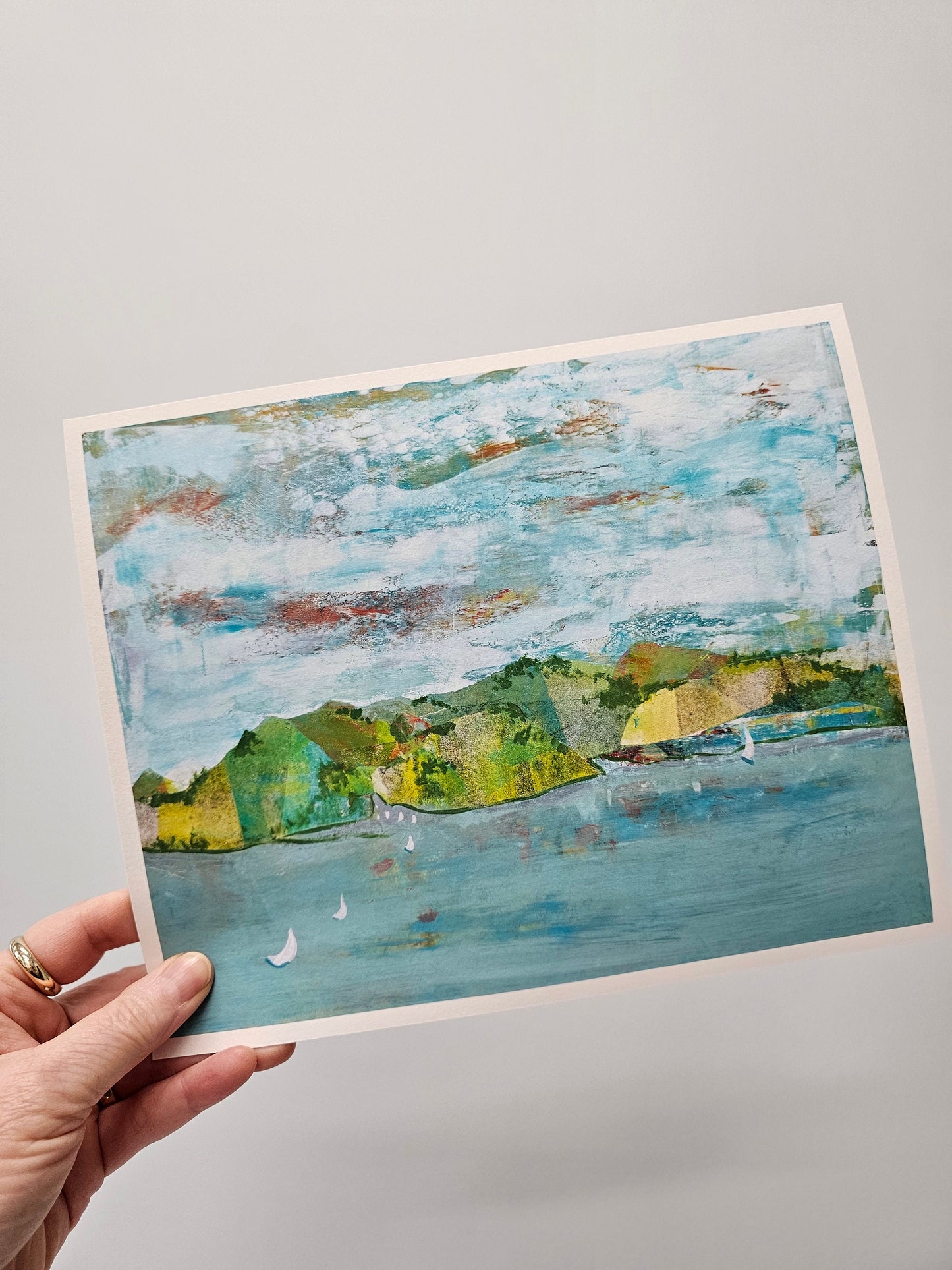 Abstract lake, water wall art, hills, mountains green blue, fine art print