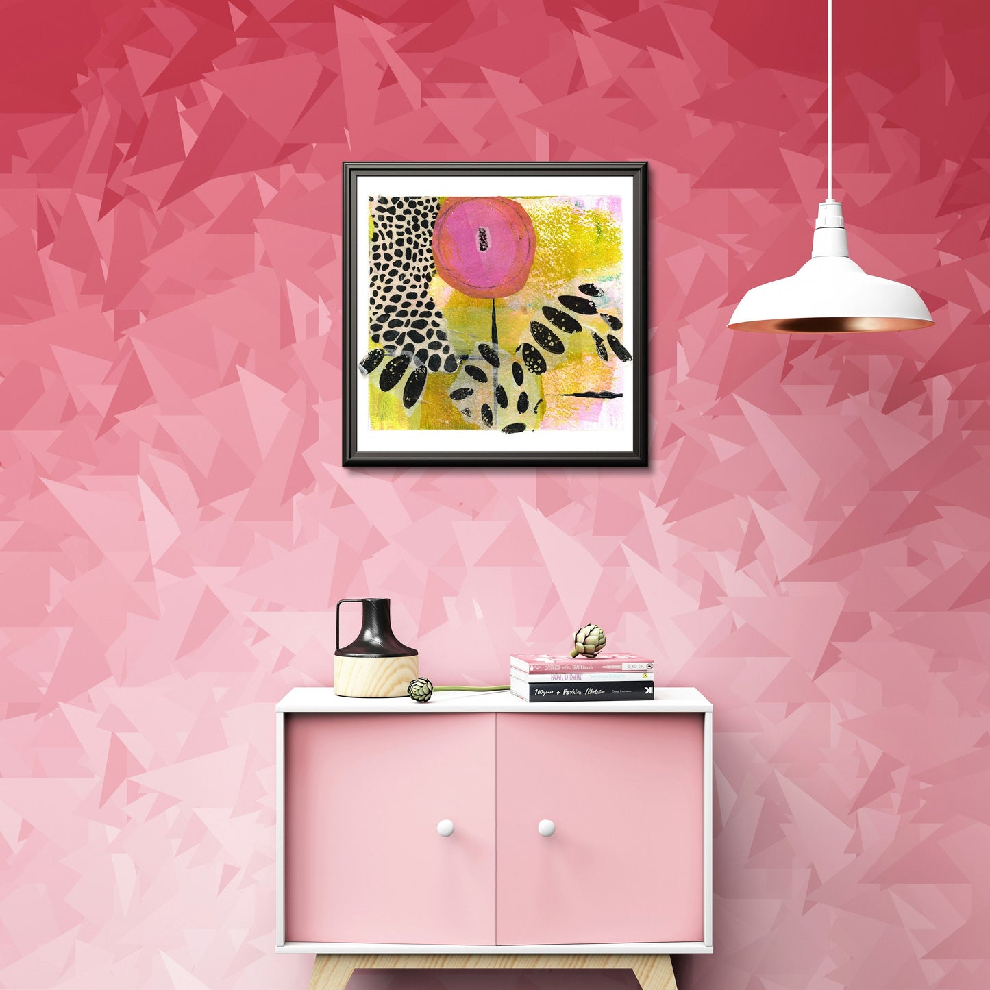 Abstract flower art print, pink camelia floral, square wall art, black dots, polka dots
