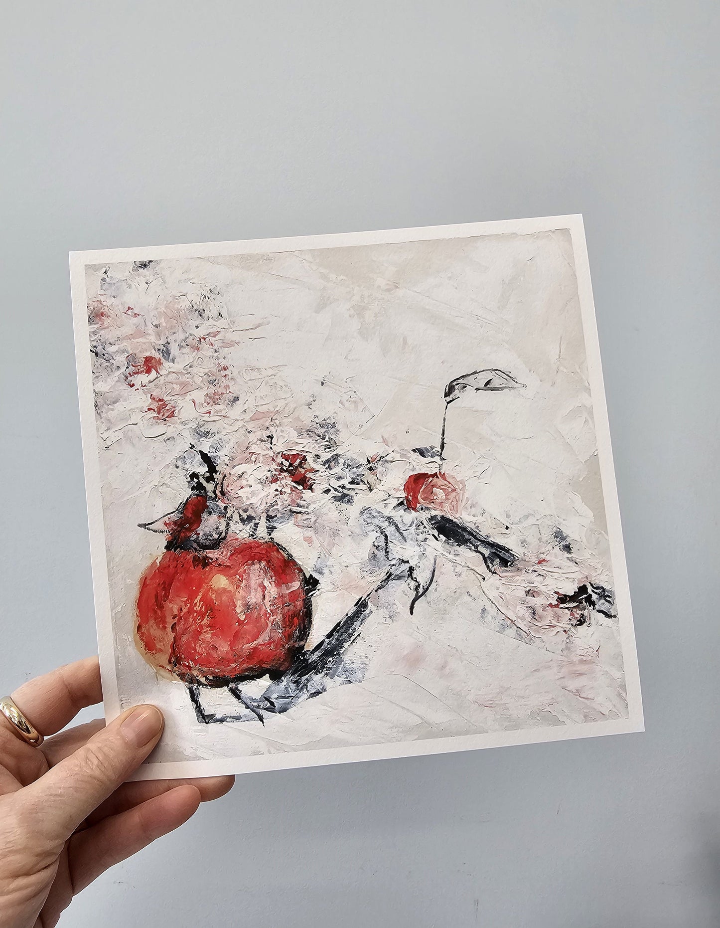 adam's apple, abstract mixed media square wall art print, minimalist red white
