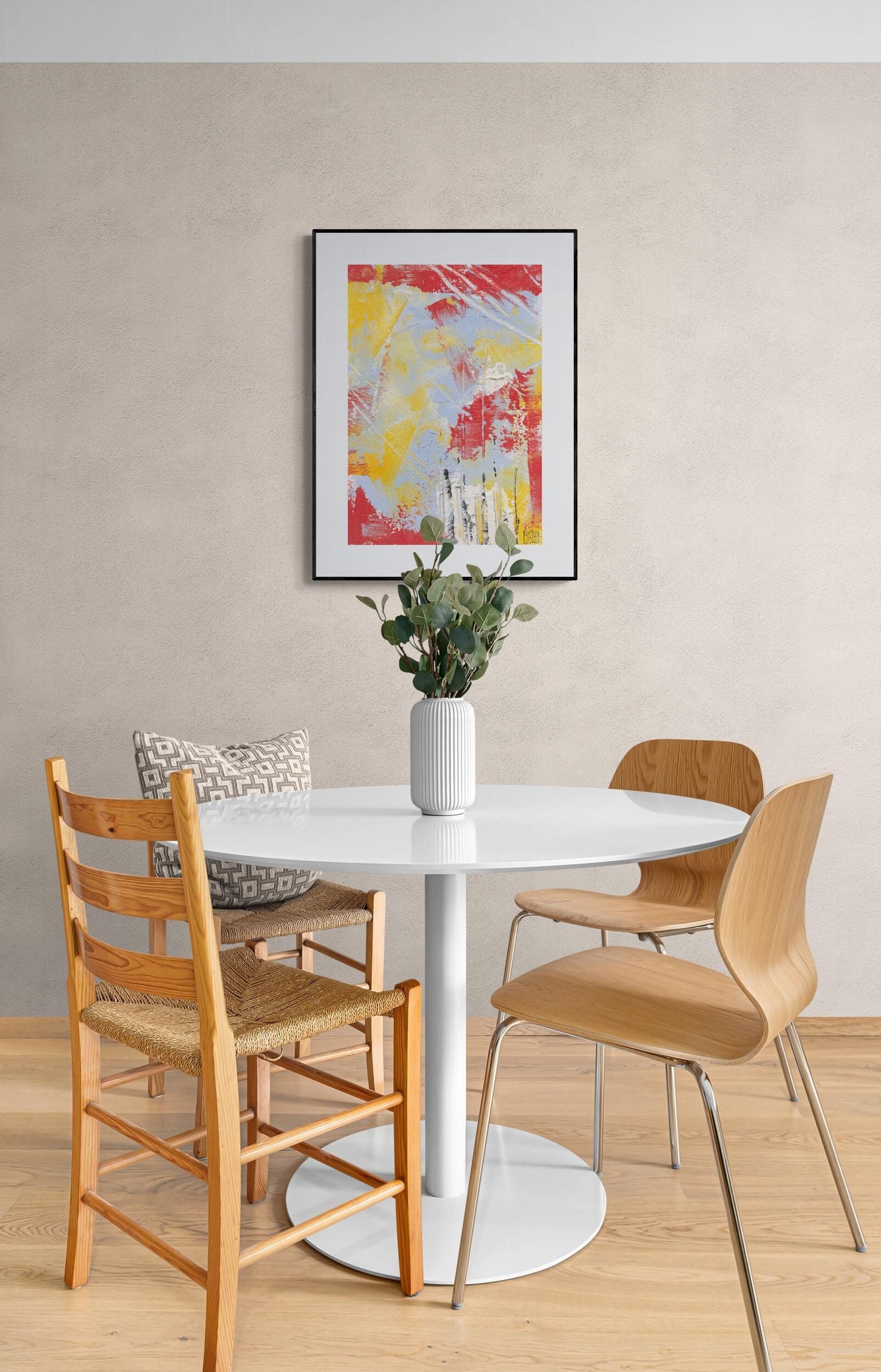 3 unique abstract red and yellow fine art prints for your wall in horizontal and vertical formats