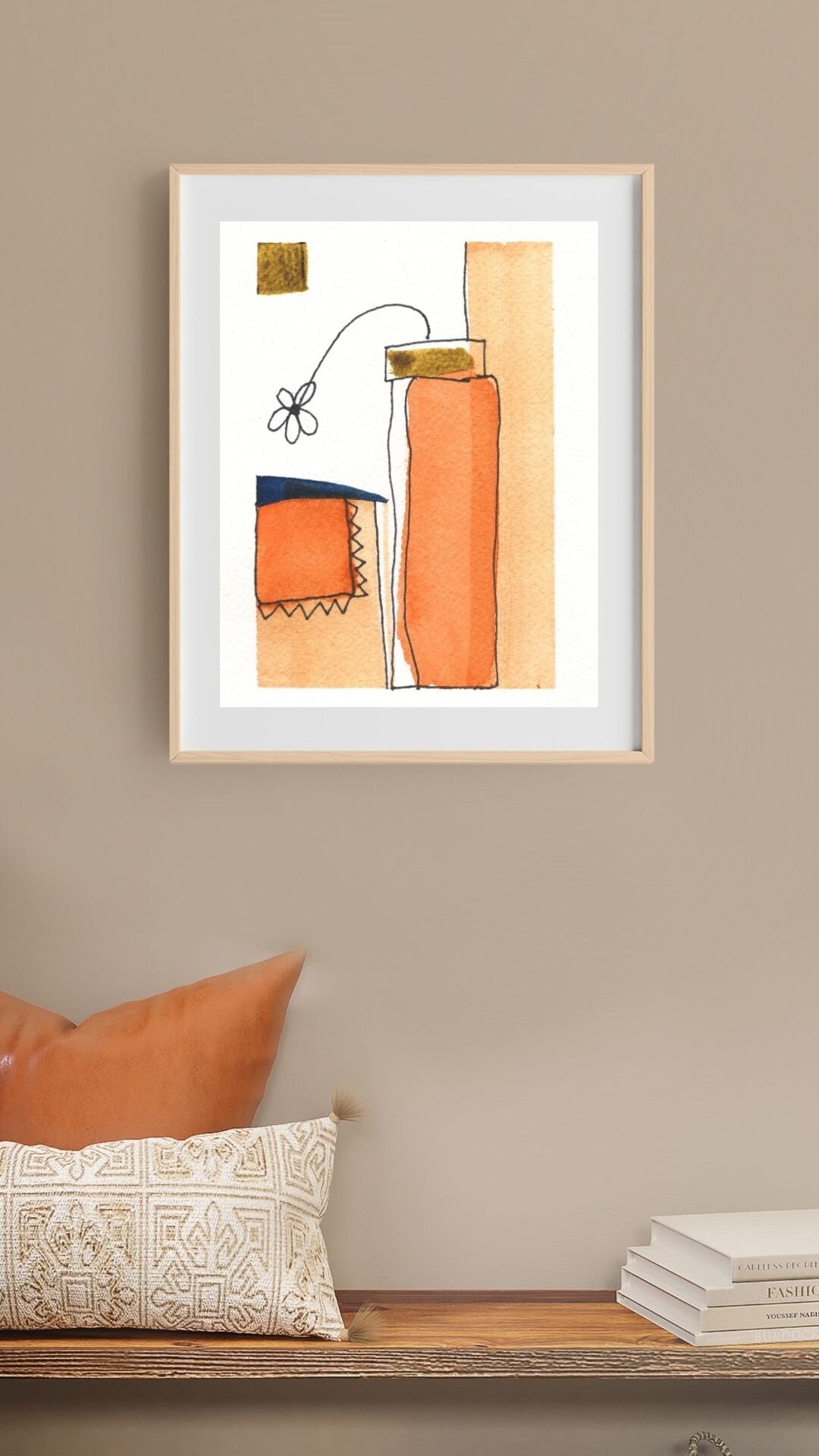 abstract orange painting fine art flower in an orange vase, watercolor vertical fine art wall print