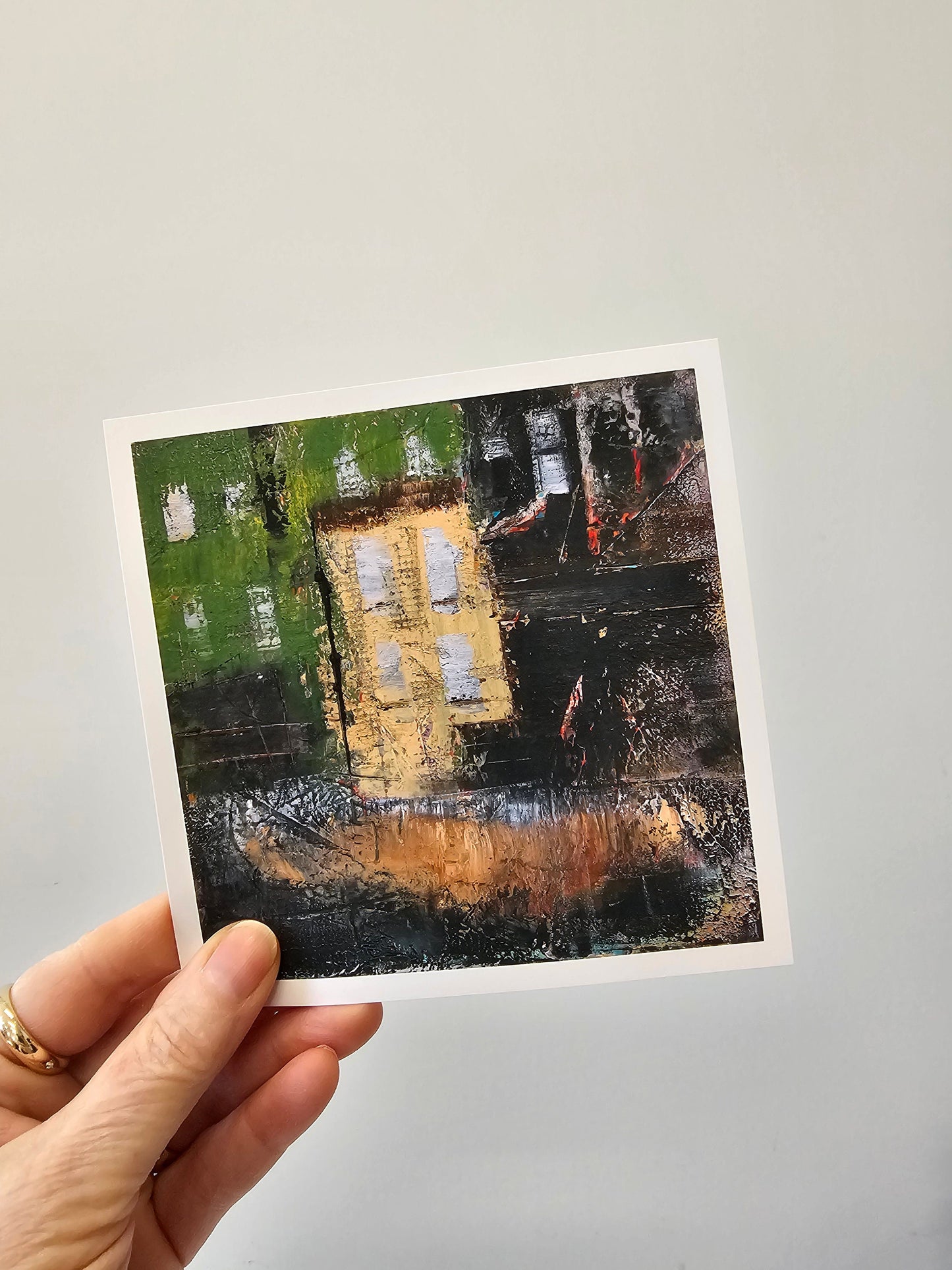 abstract row house, architectural art print, square wall art, green, yellow black art for small spaces