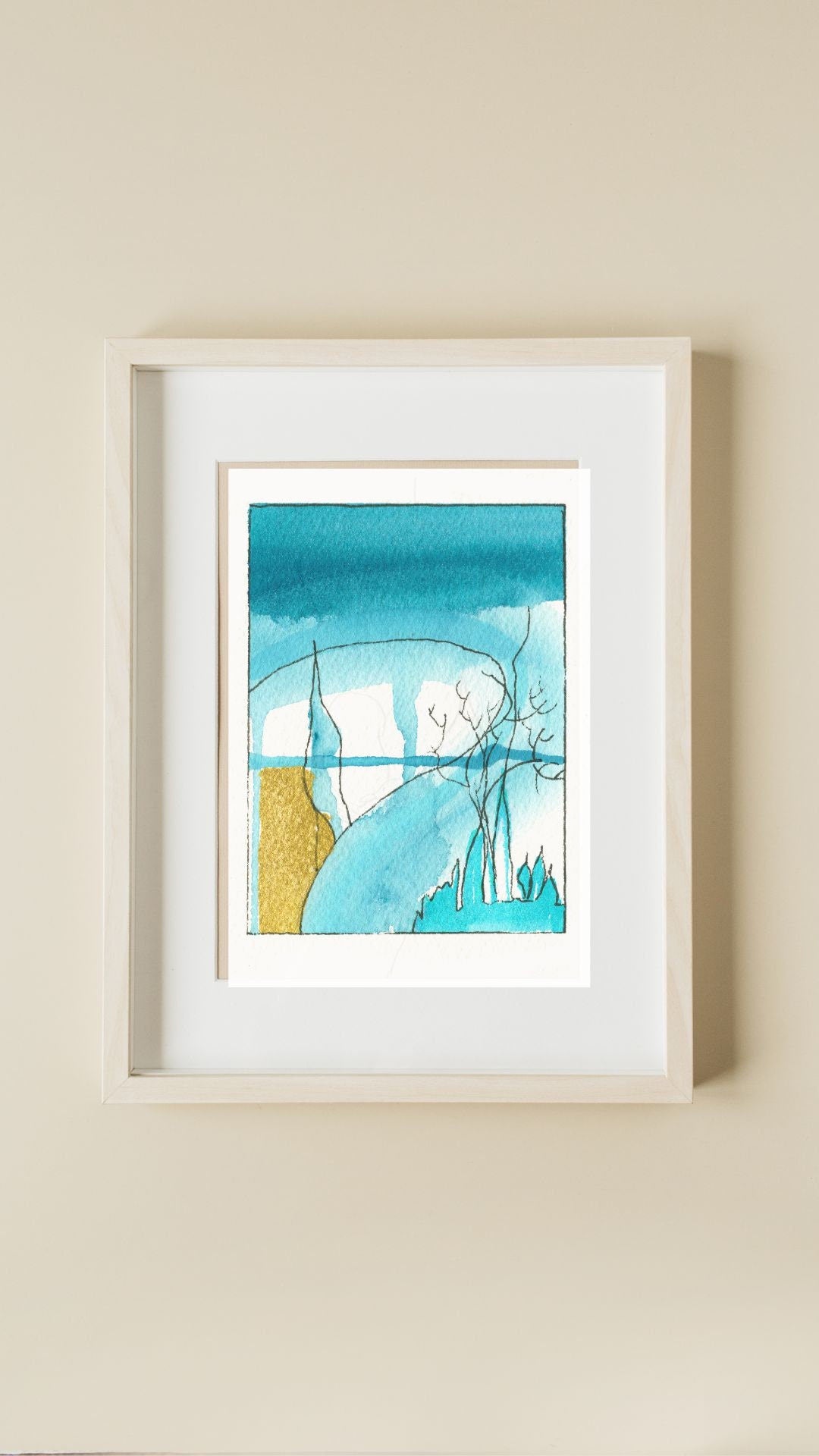 Windswept blue, gold, white abstract fine art print, watercolor and pen fine art print for your wall, vertical wall art