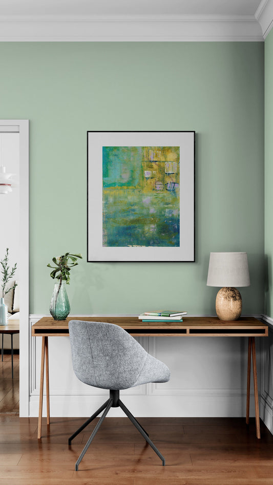 Urban Renewal abstract vertical art print, in yellow and green wall art for your home or office