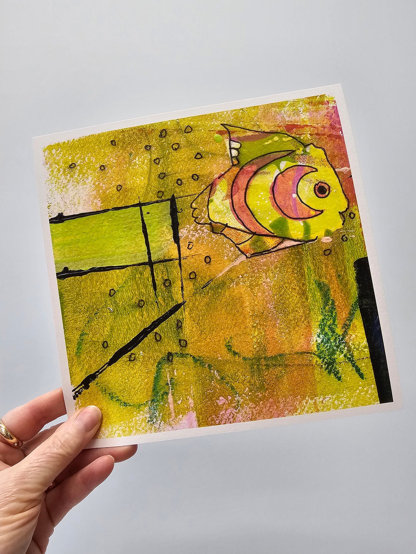 Abstract fish art print, yellow, green, pink, square wall art, kids decor