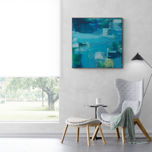 Abstract Blue Bold Geometric Wall Art, Square Art, Blue Yellow Fine Art Print, Spillway