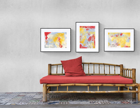 3 unique abstract red and yellow fine art prints for your wall in horizontal and vertical formats