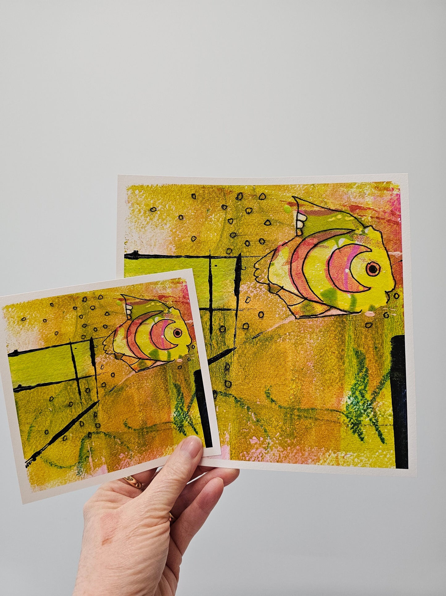 Abstract fish art print, yellow, green, pink, square wall art, kids decor