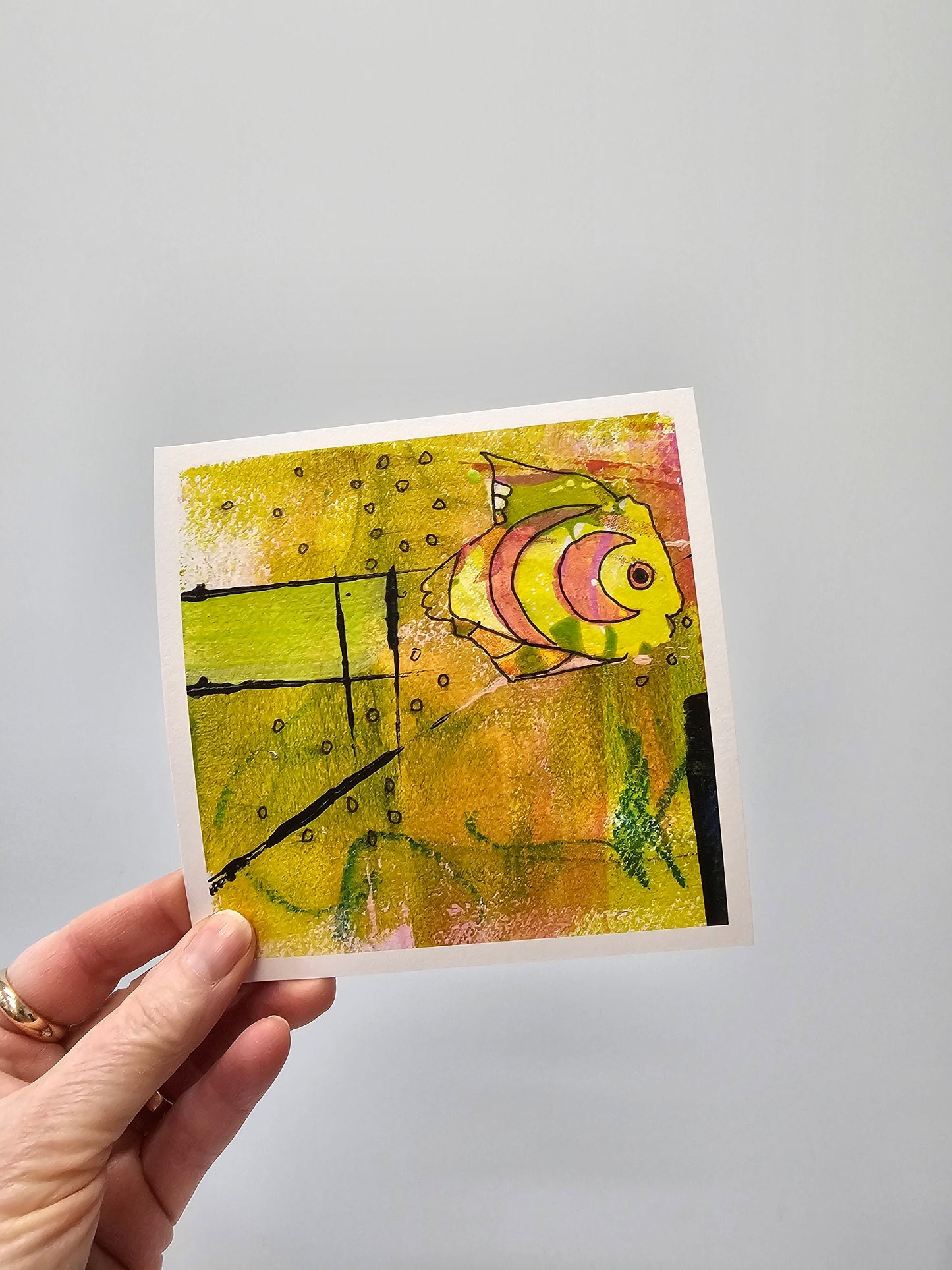 Abstract fish art print, yellow, green, pink, square wall art, kids decor