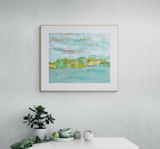 Abstract lake, water wall art, hills, mountains green blue, fine art print