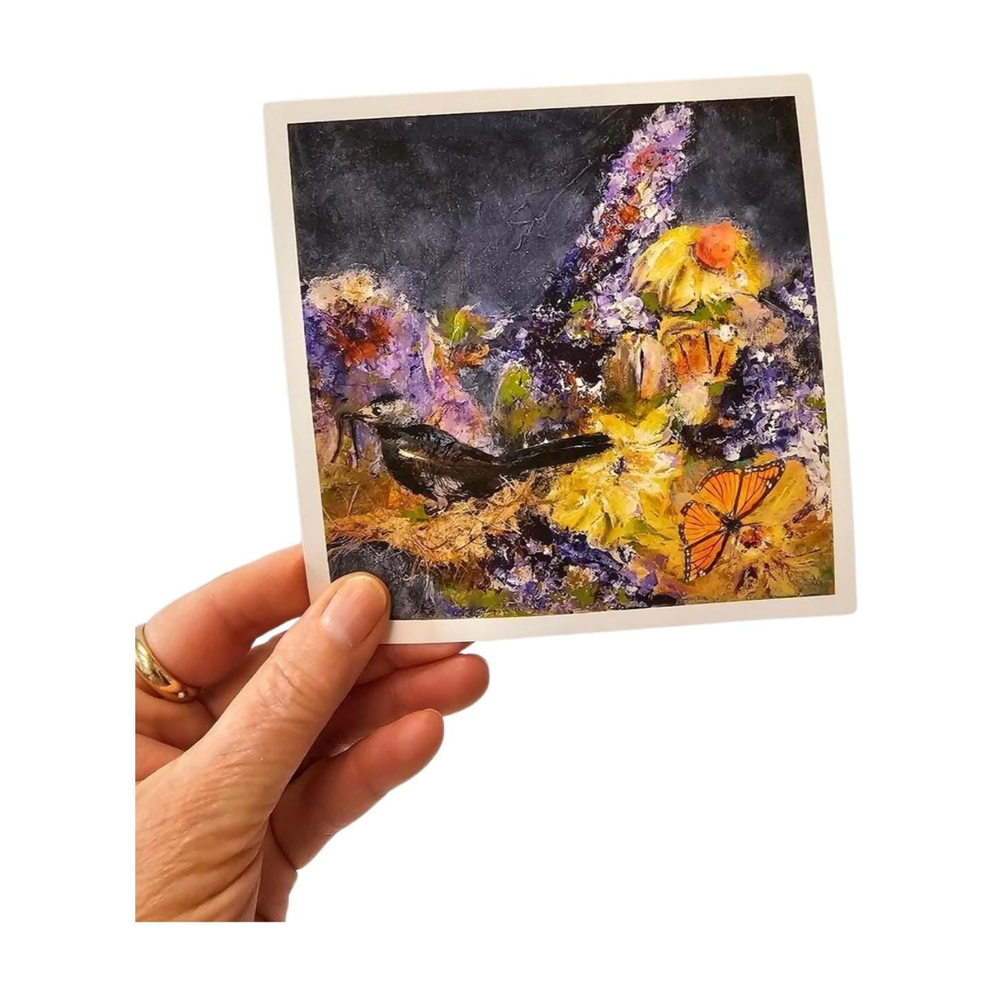 abstract nature art print, bird, butterfly, flowers, square art print from mixed media original painting, deep blue, orange, Catbird Catch