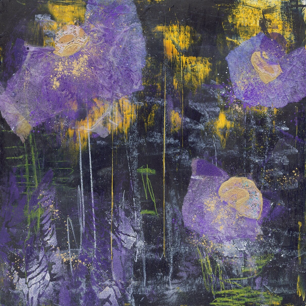 Abstract impressionism floral, flower, spring flowers wall art, square art, original oil & cold wax, collage, purple, gold, navy blue