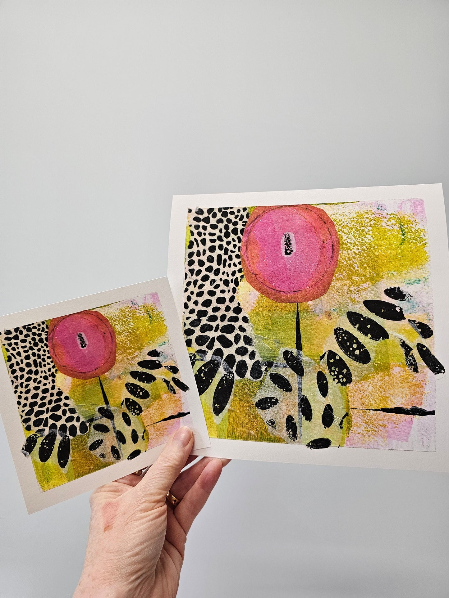 Abstract flower art print, pink camelia floral, square wall art, black dots, polka dots