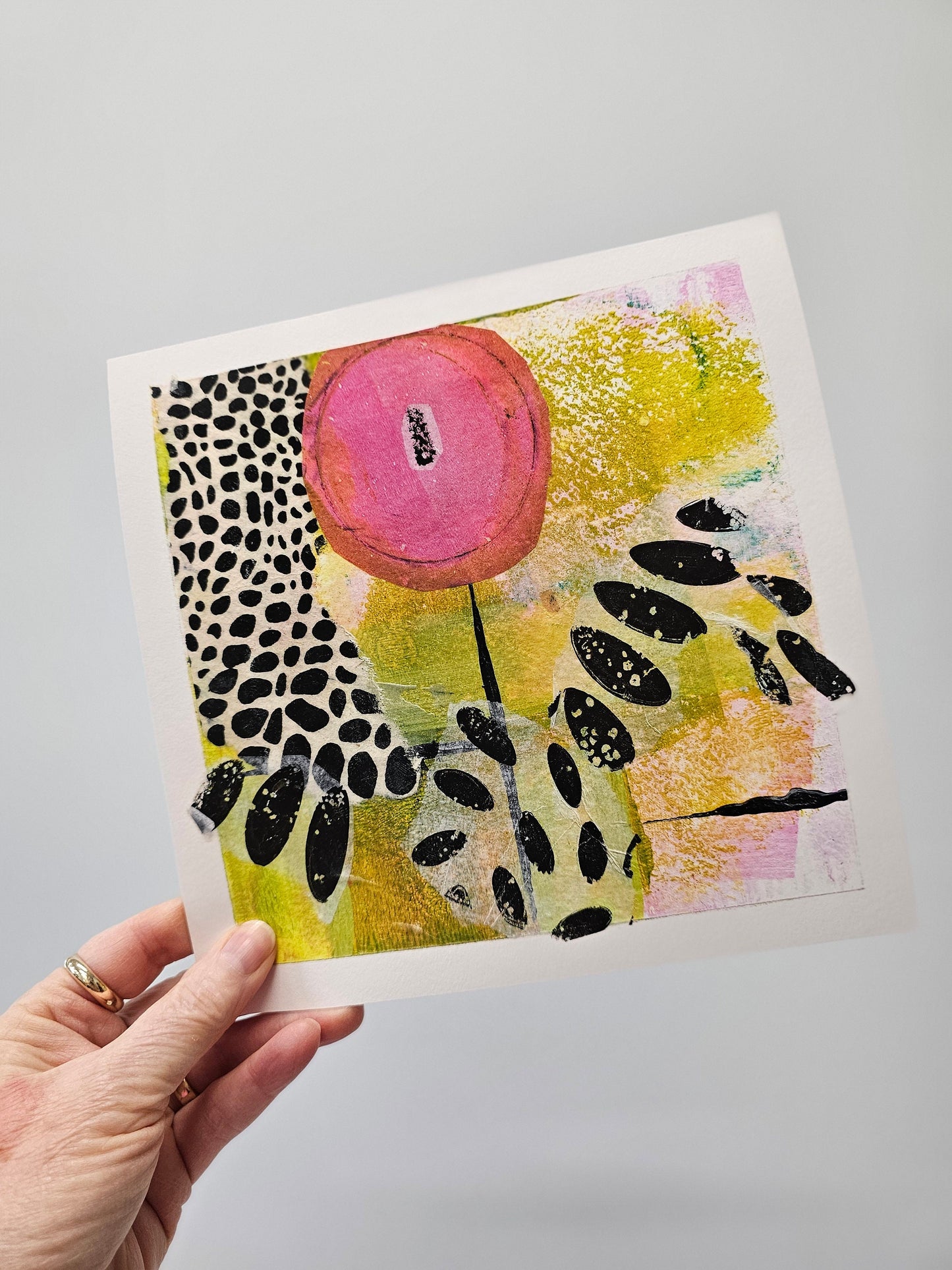 Abstract flower art print, pink camelia floral, square wall art, black dots, polka dots